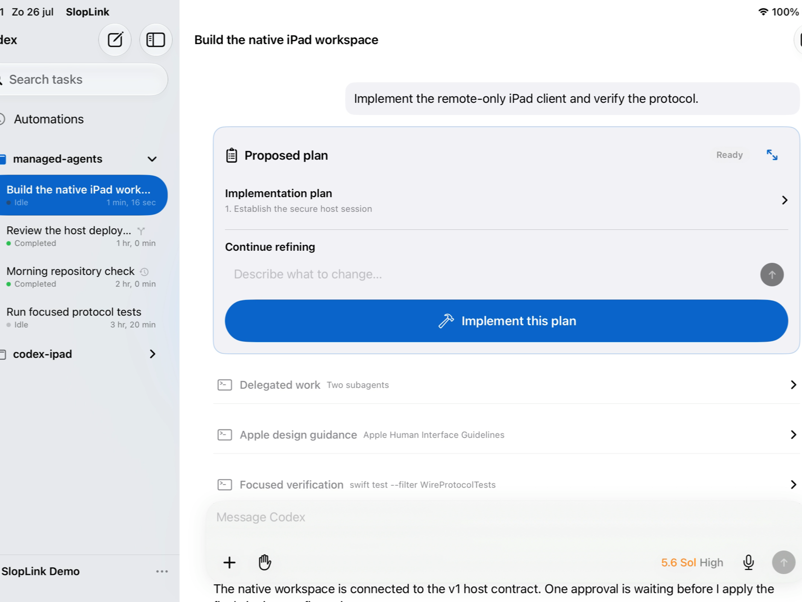 SlopLink running a coding agent workspace on iPad